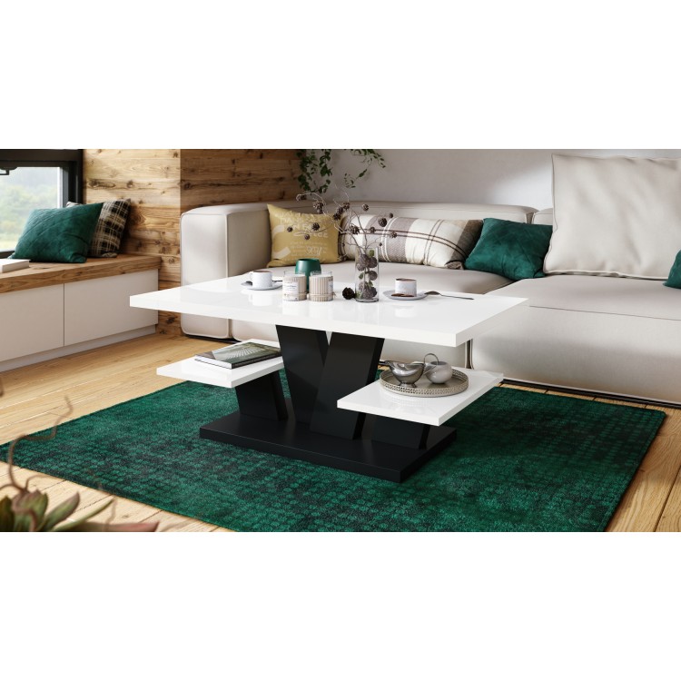 VIVA Wit glans/Zwart mat - MODERNE KOFFIE TAFEL MET SCHAPPEN