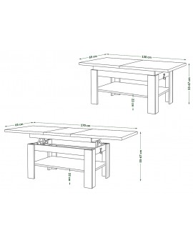 RIO Craft Eik Goud/Zwart Mat - KOFFIETAFEL, UITSCHUIFBAAR MET HEFFUNCTIE VOOR HET BLAD