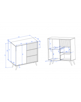 Commode BARCELLONI 1D3S Antraciet/zwarte poten - KAST MET LADEN EN GERIBBELDE VOORPANELEN