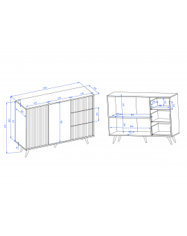 Commode BARCELLONI 2D3S Antraciet/zwarte poten - KAST MET LADEN EN GERIBBELDE VOORPANELEN