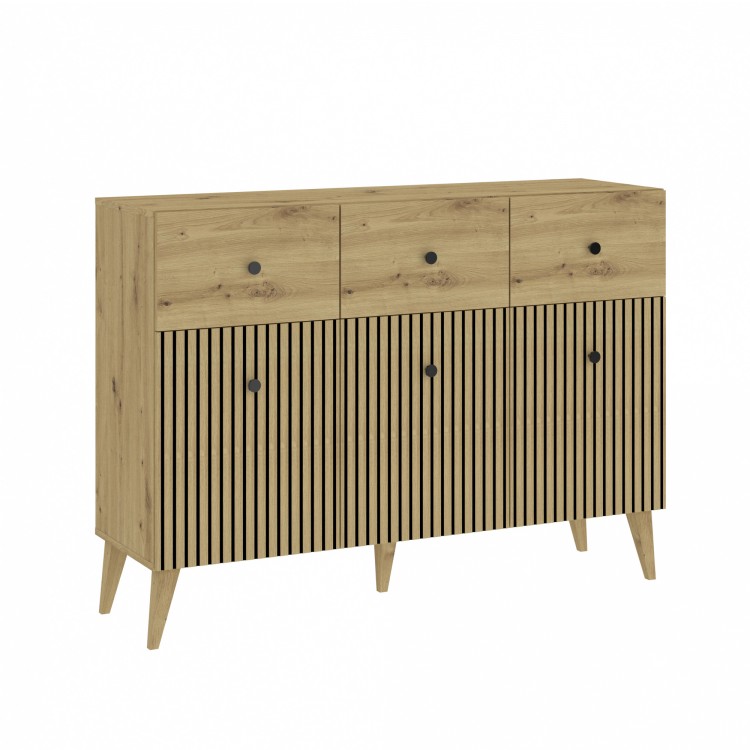 Commode BERLINI 3D3S Artisan eiken/zwart - KAST MET 3 DEUREN EN LADEN EN GERIBBELDE VOORPANELEN