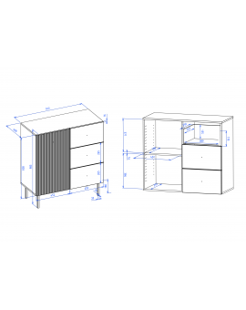 Commode VIENNA 1D3S Wit mat/zwart - KAST MET LADEN EN GERIBBELDE VOORPANELEN