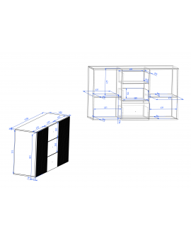 Commode VIENNA 2D3S Wit mat/zwart - KAST MET LADEN EN GERIBBELDE VOORPANELEN