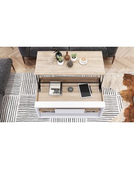 FRAME Eik Sonoma/Wit mat - MODERNE TAFEL MET OPTILBAAR TAFELBLAD/IN HOOGTE VERSTELBAAR TAFELBLAD + OPBERGVAK + PLANK